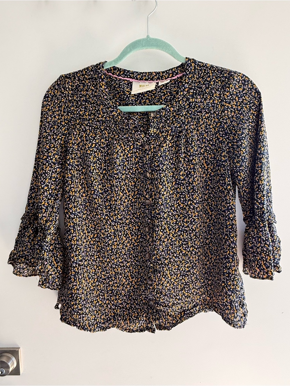 Anthropologie Black Blouse with Yellow Floral Print